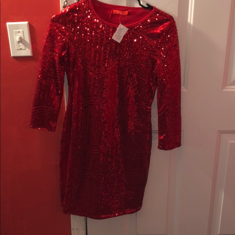 Red Sequined Sparkle Fitted Dress